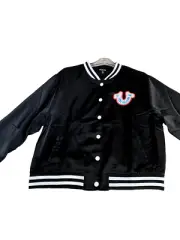 True Religion Jacket Womens XL Satin Varsity Bomber Black Horseshoe Patch NEW