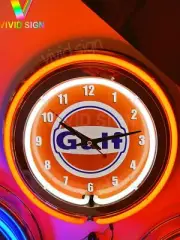 15" Gulf Gas Oil Gasoline Neon Clock Garage Sign Lamp Double Motor Auto Light