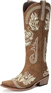 [Lumeheel] Cowboy Boots for Women - Knee High Western Cowgirl Boots, Sparkly Rhinestone Retro Country Boots with Classic Embroidered, Pointed Toe Chunky Heel Pull on Zipper Fashion Vintage Tall Boots