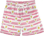 [RPLIFE] Boys Trunks, Anti Chafe Swim Trunks Boys 2 T, White Daisies Pink White Stripe