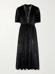[Saloni] Saloni - Tabitha Embellished Metallic Velvet Midi Dress - Black - UK 8 UK 8 Black