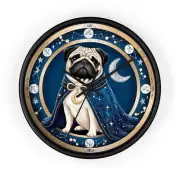 Pug celestial magic blue and gold wizard Wall Clock