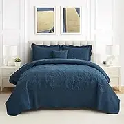 CHIXIN Oversized Bedspread Coverlet Set King Size - Lightweight Bedding Cover - Beautiful Stitching - 4 Piece Reversible Bedspread - Gorgeous Damask Paisley Pattern (King, Navy)