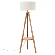 New Oriental Miya Rubberwood Tripod Floor Lamp W/ Round Shelf Linen Shade - Off White/Natural