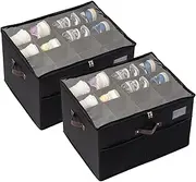 Shoe Organizer for Closet, 2 Pack Large Shoe Box Storage Container with Clear Cover, Foldable Fabric Shoe Storage Bins with Adjustable Dividers, Space Saving Shoes Holder, Fits 32 Pairs (Black)