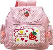 [Hemore] Strawberry Backpack, 30cm/11.8inch Embroidery Strawberry Backpack for Girls, Multi-pockets Small Bookbag, Student School Bag, Lace JK Backpack