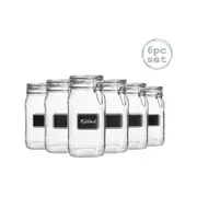 Bormioli Rocco 6pc Lavagna Glass Storage Jar Set with Chalkboard Labels - Food Pasta Jam Preserving Jars - 1.5L