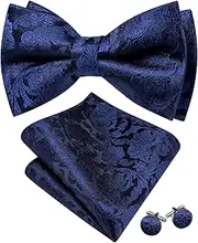 [Barry.Wang] Men's Paisley Silk Pre-tied Bow Tie Set Pocket Square and Cufflinks for Weddings and Formal Events, Dark Blue Flower, One Size