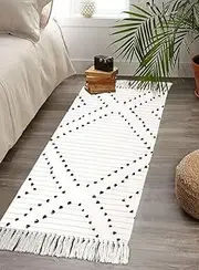 HAOCOO Boho Bathroom Runner Rug 2’ X 4.3’, Washable Woven Cotton Diamond Area Rug,Black and White Chic Moroccan Tribal Tassel Kitchen Rug,Throw Floor Mat Carpet Decorative for Living Room Bedroom