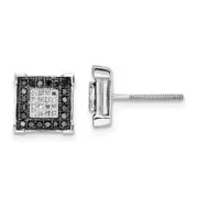 Sterling Silver White Night Rhodium-Plated Black And Diamond Square Post Earrings