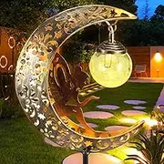 Solar Moon Fairy Garden Lights, Crackle Glass Stake Lights Waterproof Warm White LED Metal Decorative Lights Outdoor Pathway Lights Solar Powered Garden Decorations for Walkway Lawn Patio Yard