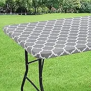 ETHEL Rectangle Tablecloth, Waterproof Elastic Fitted Table Covers for 6 Foot Tables, Wipeable Flannel Backed Vinyl Tablecloths for Picnic, Camping, Indoor, Outdoor (Grey Morocco, 34.4x72 Inches)