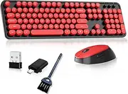 Wireless Keyboard and Mouse, COOFUN Retro Typewriter Keyboard with Round Keycaps, Full-Size Ergonomic, Ideal for Windows PC, Home, Office, and College Black and Red