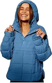 [VESNIBA] Women's Quilted Pullover Puffer Jacket Oversized Long Sleeve Hooded Coats Winter Warm Lightweight (Blue-e, XL)