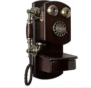 Retro Wood Vintage Fixed Telephone, Wall Mounted Home Old Fashioned Mechanical Bell Rotary Dial Antique Phone Hang Up, for Home Hotel Desk Wall Mount