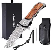Sezlinver Two-Handed Folding Knife with Thumb Lock System,Permitted to carry,Pocket Knife with Wooden Handle,Outdoor Knife for Camping, Hunting camping tools with storage holster, and Whetstone