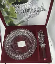 Rare MIKASA Cut Fire Crystal Wine Bottle Coaster Decanter Dish + Stopper MCM NEW
