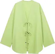 [Generic] Women's Two Piece Set Long Sleeve Shirt Top High Waisted Wide Leg Pants Suit Loose Blouse Trousers