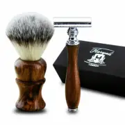 Men Shaving Kit Double Edge Safety Razor Synthetic Shaving Brush Wooden Handles