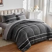 Flysheep Ombre Boho Striped Bed in a Bag 7 Pieces King Size, White Striped on Black Dark Gray Comforter Sheet Set (1 Comforter, 1 Flat Sheet, 1 Fitted Sheet, 2 Pillow Shams, 2 Pillowcases)
