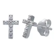Bevilles Mini Cross Cubic Zirconia Earrings in Sterling Silver Stud