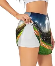 [JEJEA] Green Baseball Field Backdrop Print Summer High-Waisted Athletic Shorts Women's Running Workout Shorts, Ideal for Gym Yoga Casual