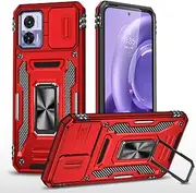 Compatible with Motorola Edge 30 Neo, Heavy Duty Shockproof PC Case with Slide Camera Lens Cover Magnetic Kickstand Cover Case for Motorola Edge 30 Neo-Red