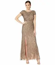 Adrianna Papell Women's Lead/Nude Beaded Mesh Dress with Cap Sleeves 4 $349