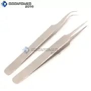 Set Of 2 Pcs Best Tweezers For Eyelash Extension - Straight And Curved Pointed