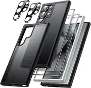 [JETech] 5 in 1 Matte Case for Samsung Galaxy S24 Ultra 5G with 2-Pack Screen Protector and Camera Lens Protector, Translucent Back Protective Phone Cover, Tempered Glass Film (Black)