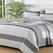 WONGS BEDDING Grey Quilt Queen Size, Bohemian Stripe Quilt Sets 3 Pieces Gray Boho Quilted Bedspread Set Lightweight Microfiber Coverlet Bedding Set All Season (96"x90")