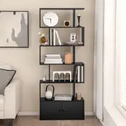 CostwayS-Shaped Bookshelf with Storage Cabiet for Living Room-Black