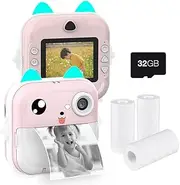 Portable ren Instant Thermal Print Camera 2.4 Inch Screen Digital Camera P Selfie HD Video Thermal INKL Printing with 32GB ry Card 3 Rolls White Print Paper Learning Toy Birthday Pink P-2