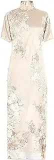 [JIMINISO] Lace Pearl Embroidery Waist Improve Apricot Long Cheongsam Long Elegant Retro Traditional Chinese Style Women Dress Qipao
