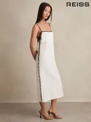 Reiss Ivory Dakota Linen Whipstitch Tie-Strap Midi Dress (AP4611) | $350