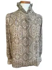 Banana Republic Ruffle Neck Chiffon Blouse Size XS NWT Brown Tan Paisley Button