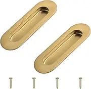 2Pcs Brushed Gold Stainless Steel Side Hole Flush Pull, Oval Embedded Sliding Door Handle Recessed Finger Pulls with Hidden Screws for Drawer Cupboard Wardrobe