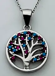 DaneCraft Tarnish Free 925 Sterling Pink Blue CZ Tree Of Life Necklace 18”