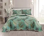 Masterplay 3-Piece Fine Printed Tropical Palm Leaves Oversize (115" X 95") Quilt Set, Bedspread Coverlet King Size Bed Cover (Sage, Aqua, Brown, Khaki)