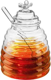 Honey Jar with Dipper and Lid, Honey Bee Pot, 17Oz Glass Beehive Honey Pot for H