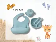 5 Piece Silicone Set Adjustable Bib Sectional Plate Bowl Sippy Cup Fork Spoon