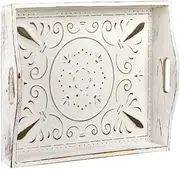 Decorative Wooden Serving Tray with Handles, Rustic Coffee Table Tray Embossed with Metal, Rectangular Ottoman Serving Tray, Perfect for Home, Restaurant, Farmhouse Decor (White)