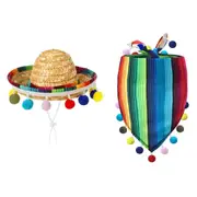 2pcs Striped Triangle Scarf Colourful Hairball Pet Straw Hat Scarf Set for Pets
