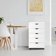 [Naomi Home] Taylor 5 Drawer Chest, Wood Storage Dresser Cabinet with Wheels, Craft Storage Organization, Makeup Drawer Unit for Closet, Bedroom, Office File Cabinet 180 lbs Total Capacity – White