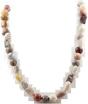 Men's Women's Necklace Made in France Bostwana Agate Beads + Petrified Wood 8 mm Stainless Steel Chain, Pearl