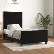 King Single Bed Frame with Headboard, Black Velvet, Modern Platform, Supportive Slats, for Mattress, Bed Frames Base