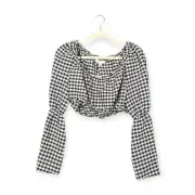 New Top Shop Womens Top Black & White Gingham Long Sleeve Crop Top Size 8
