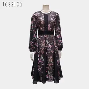 【JESSICA】花卉刺繡蕾絲收腰透膚長袖洋裝23327P