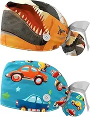 [YTYVAGT] 2-Pc,Nurse Scrub Caps,Scrub Hats with Buttons and Cotton Sweatband,Dinosaur and Volcano