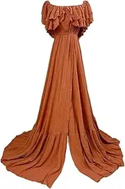 [D&J DON&JUDY] Women's Boho Sexy Off Shoulder Smocked High Waist Side Split A Line Long Maxi Dress Maternity Gown for Photoshoot Cotton